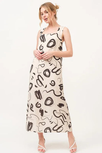 Square Neck Abstract Printed Maxi Dress in Beige - product view 1