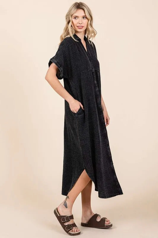 Mineral Wash V Neck Button Up Midi Shirt Dress in Charcoal - product view 3