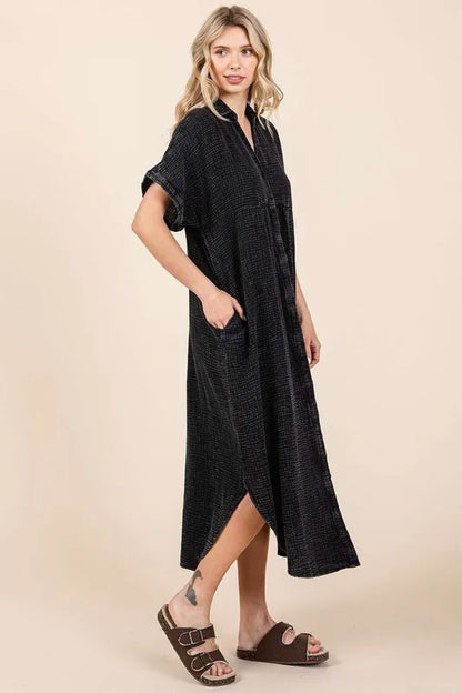 Mineral Wash V Neck Button Up Midi Shirt Dress in Charcoal - product view 3