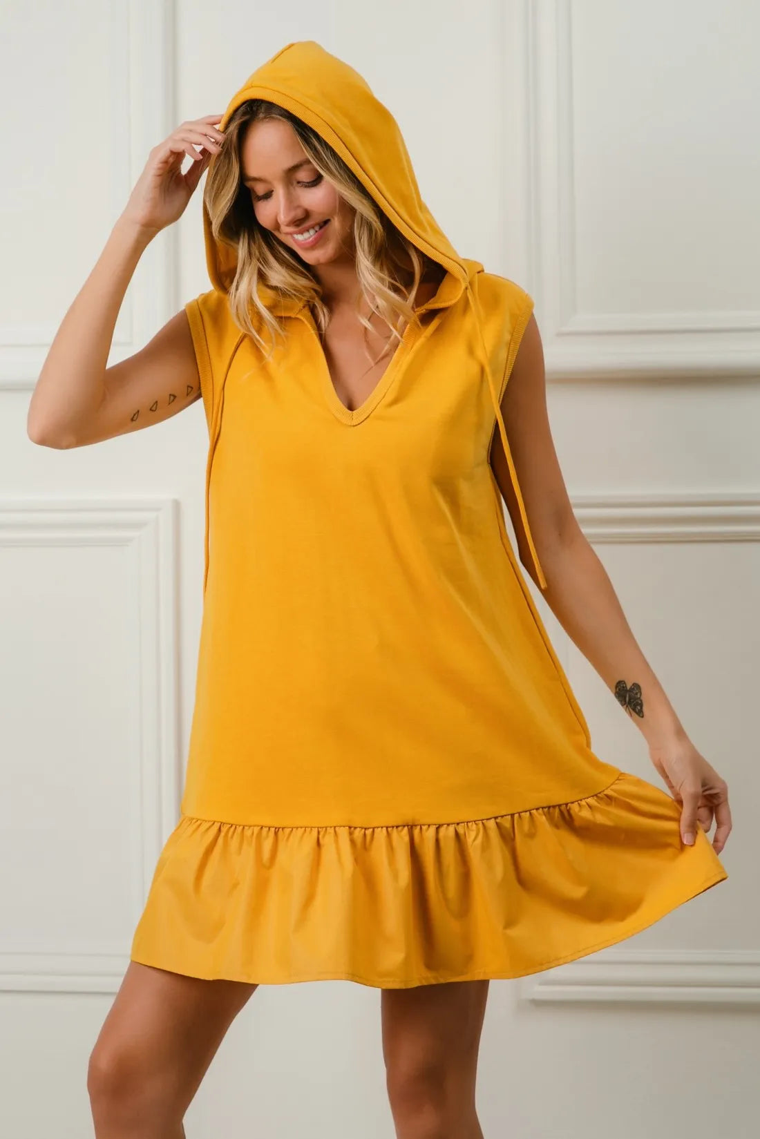 Ruffled French Terry Hooded Dress - Mustard - product view 9