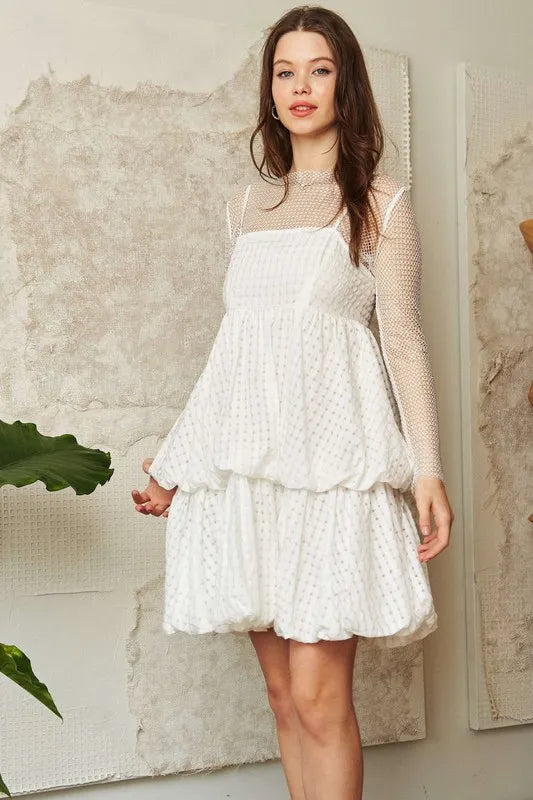 Checker Print Side Pockets Textured Mini Dress in White - product view 4