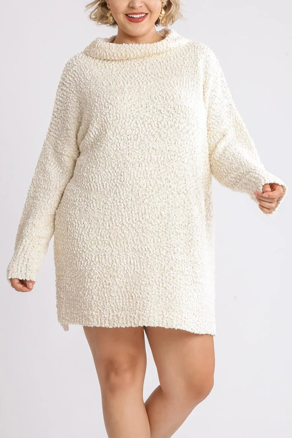 Full Size High Low Long Sleeve Boucle Sweater Dress Plus Size in Cream - product view 4