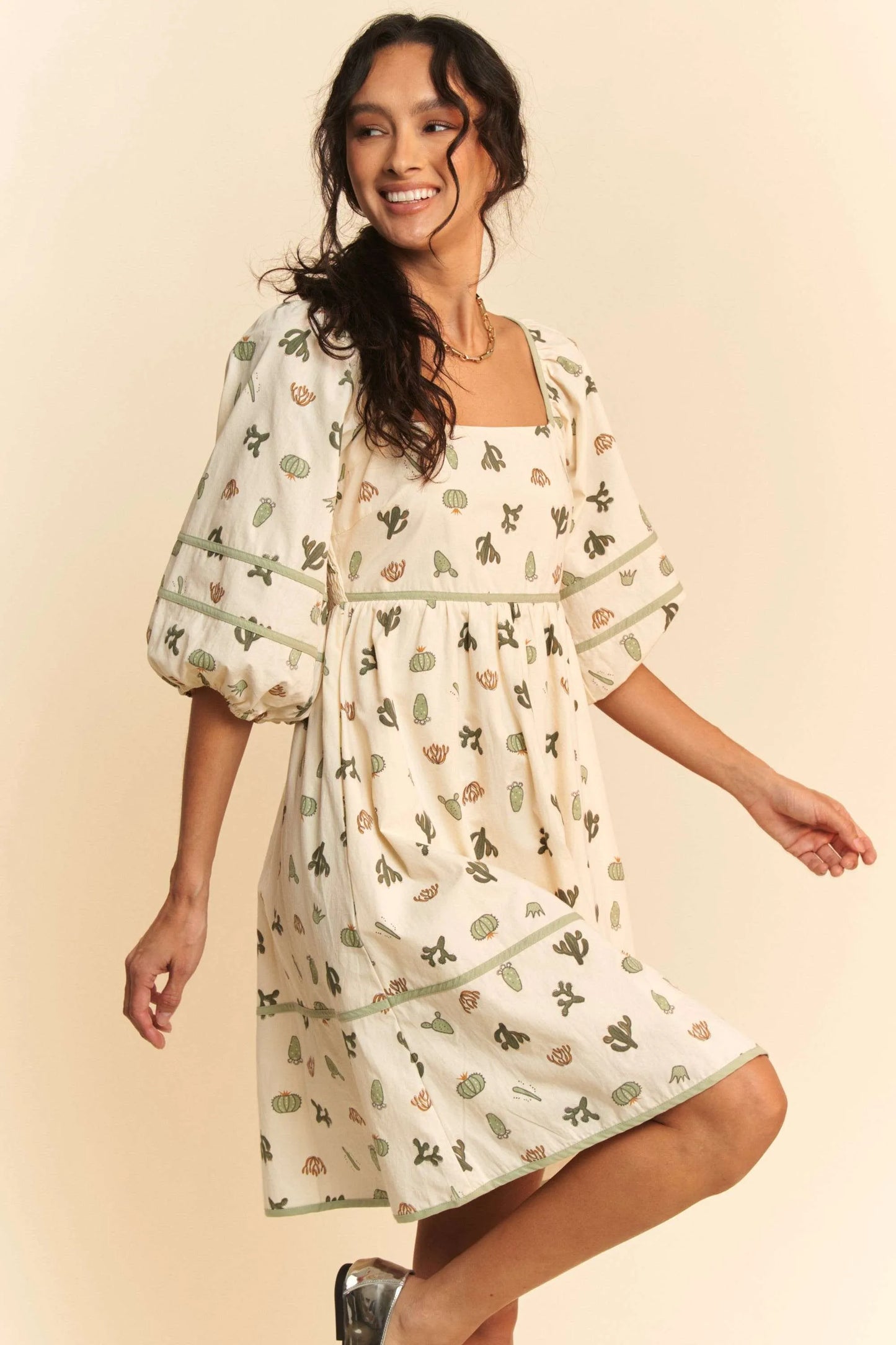 Cactus Printed Poplin Contrast Piping Mini Dress in Cream/Green - product view 5