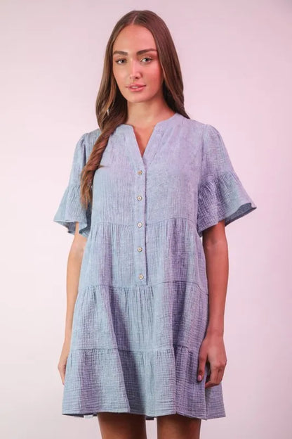 Mineral Washed Baby Bell Sleeve Woven Mini Dress in Denim - product view 1