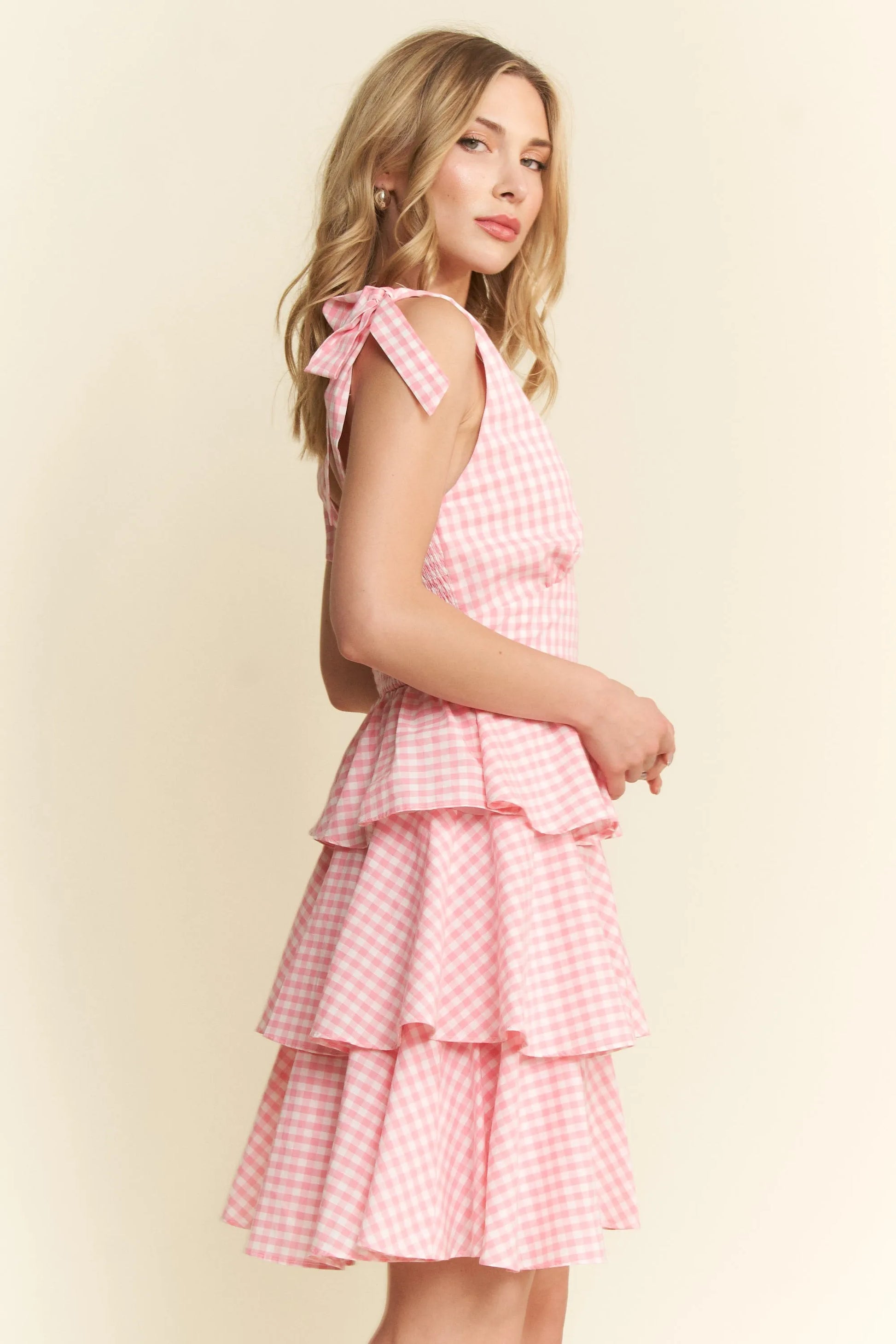 Full Size Gingham Tiered Mini Dress Plus Size - Candy Pink - product view 3