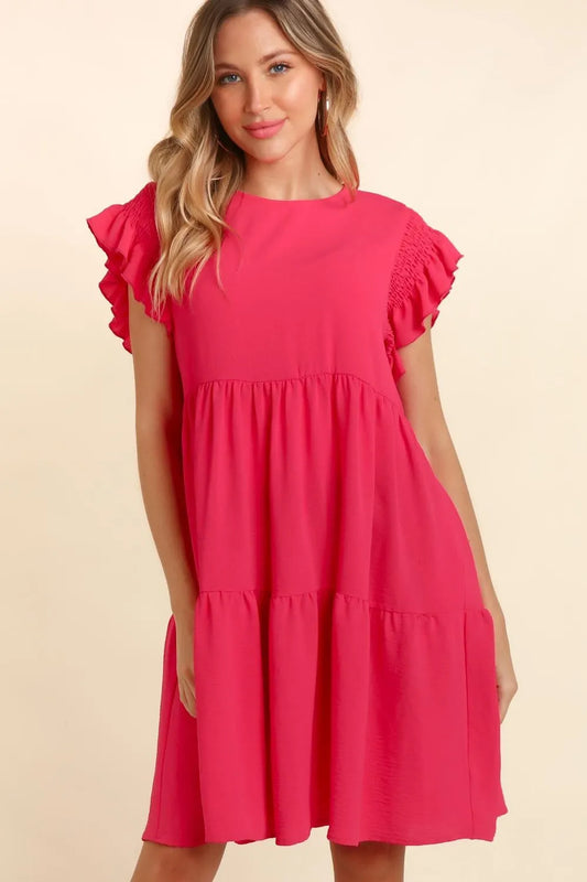 Full Size Smocking Ruffle Short Sleeve Dress with Pockets in Fuchsia - product view 2