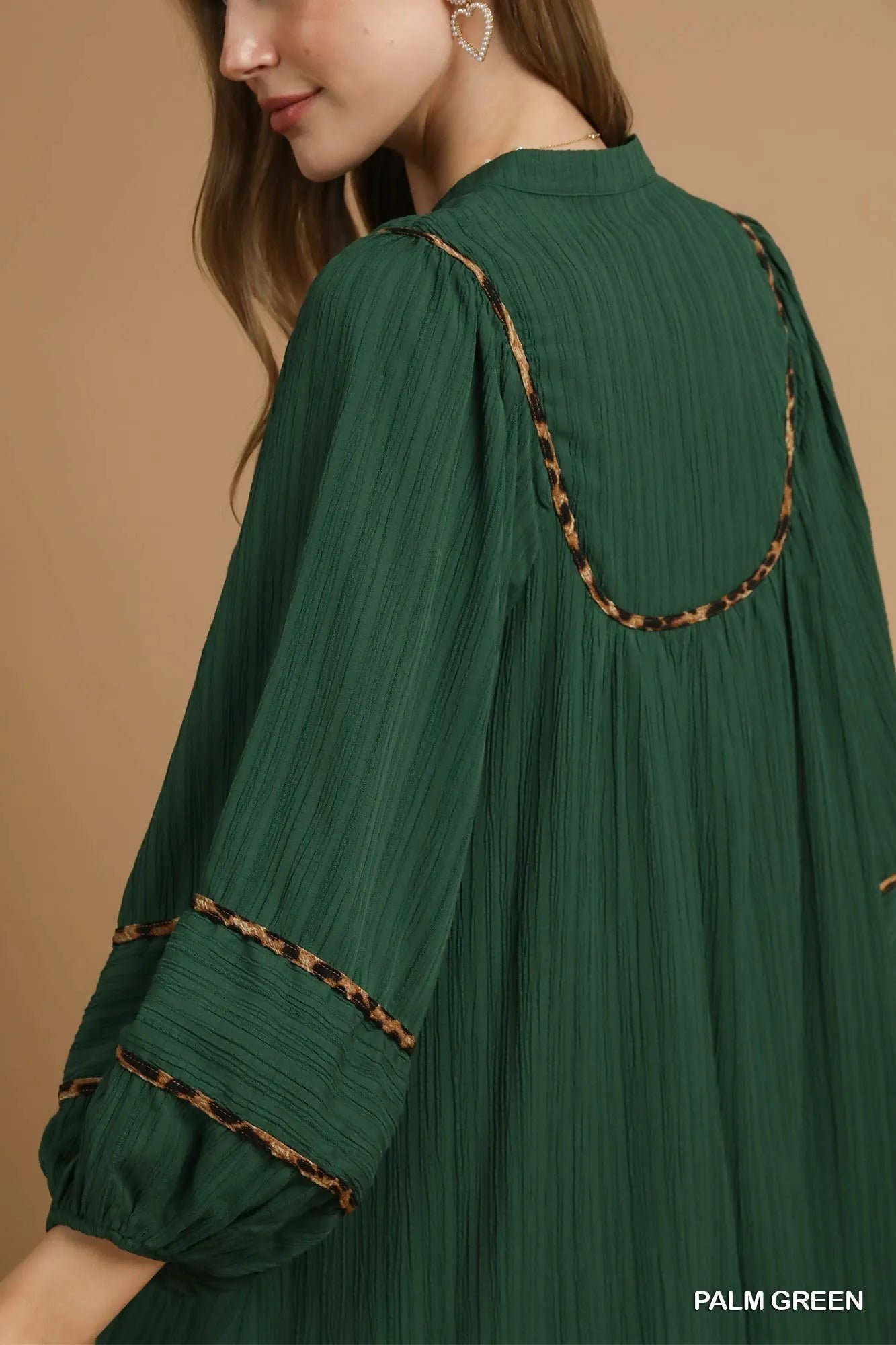 Textured Babydoll Dress with Leopard Trim - Palm Green - product view 5