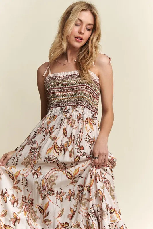 Smocked Printed Square Neck Tie Shoulder Cami Dress - Ivory - product view 1