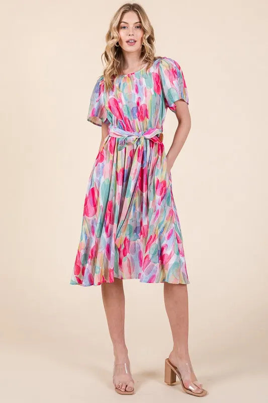 Watercolor Print Tie Front Midi Dress - Pink Combo - product view 7