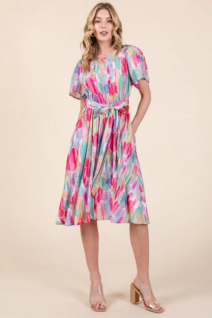 Watercolor Print Tie Front Midi Dress - Pink Combo - product view 7