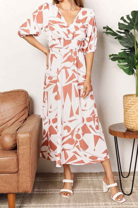 Printed Surplice Balloon Sleeve Dress in Camel and Black - product view 1