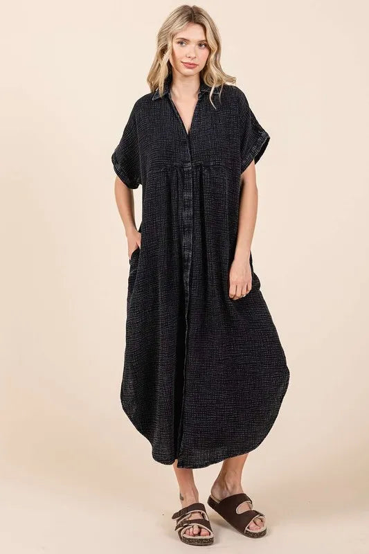 Mineral Wash V Neck Button Up Midi Shirt Dress in Charcoal - product view 1