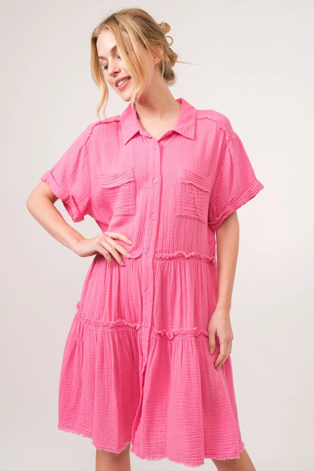 Full Size Raw Edge Washed Tiered Shirt Dress in Pink - product view 5
