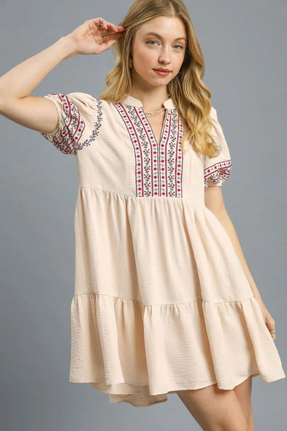 Floral Trim Puff Sleeve Mini Dress - Tan - product view 1