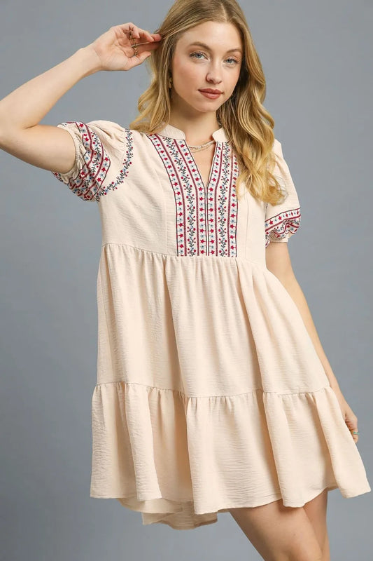 Floral Trim Puff Sleeve Mini Dress - Tan - product view 1