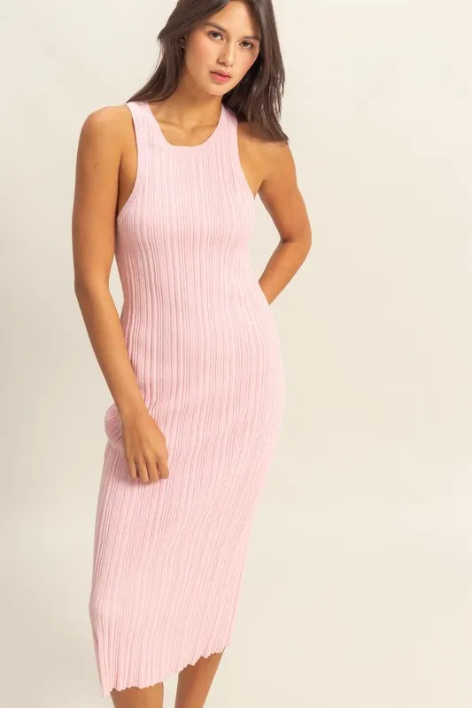 Round Neck Bodycon Ribbed Knit Dress - Soft Pink - product view 1