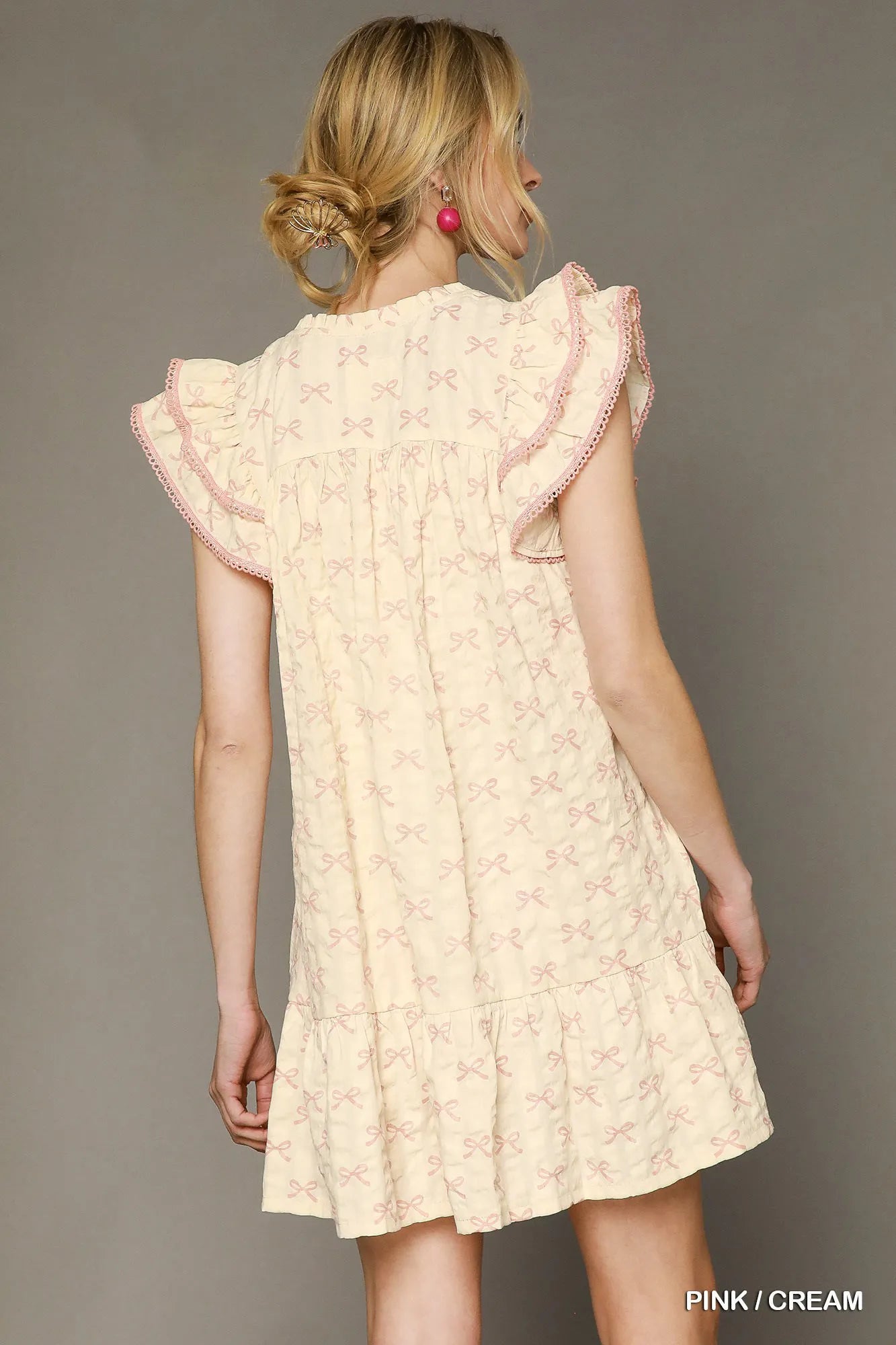 Bow Print Ruffled Cap Sleeve Mini Dress - Pink / Cream - product view 3
