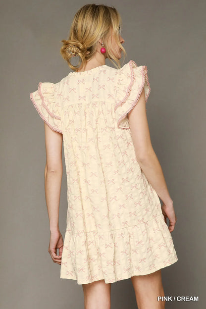 Bow Print Ruffled Cap Sleeve Mini Dress - Pink / Cream - product view 3