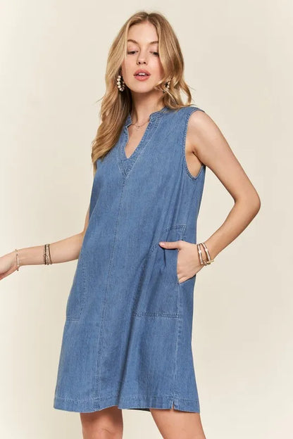 Notched Sleeveless Denim Dress with Pockets in Medium - product view 5