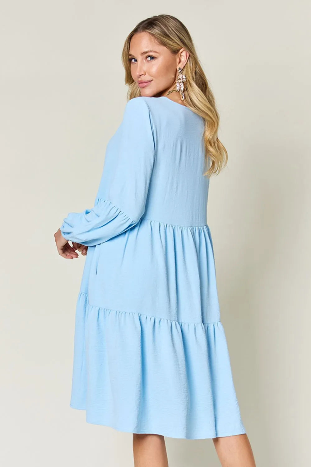 Full Size V-Neck Balloon Sleeve Tiered Dress with Pockets in Light Green, Pink and more - product view 28