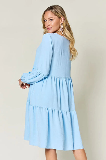 Full Size V-Neck Balloon Sleeve Tiered Dress with Pockets in Light Green, Pink and more - product view 28