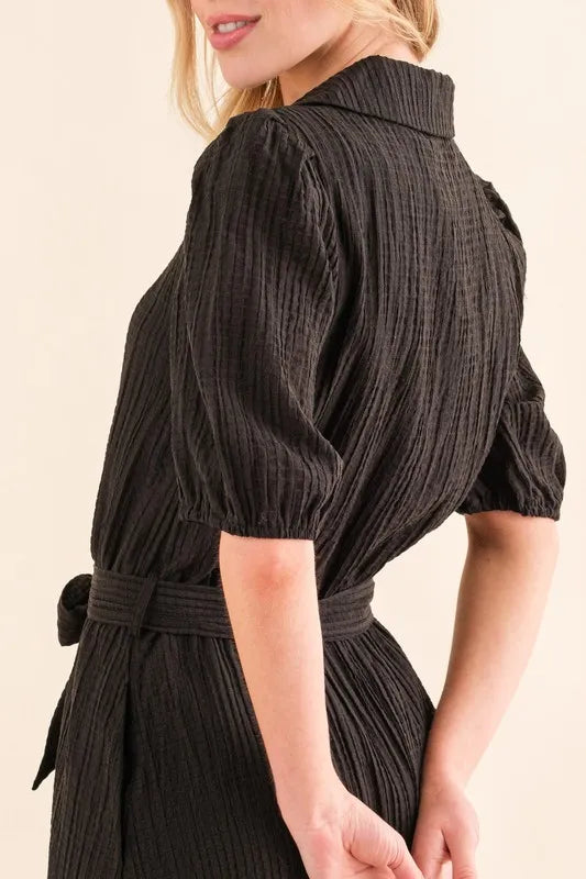 Waffle Textured Ribbon Waist Midi Dress in Black - product view 5
