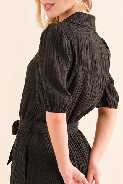 Waffle Textured Ribbon Waist Midi Dress in Black - product view 5