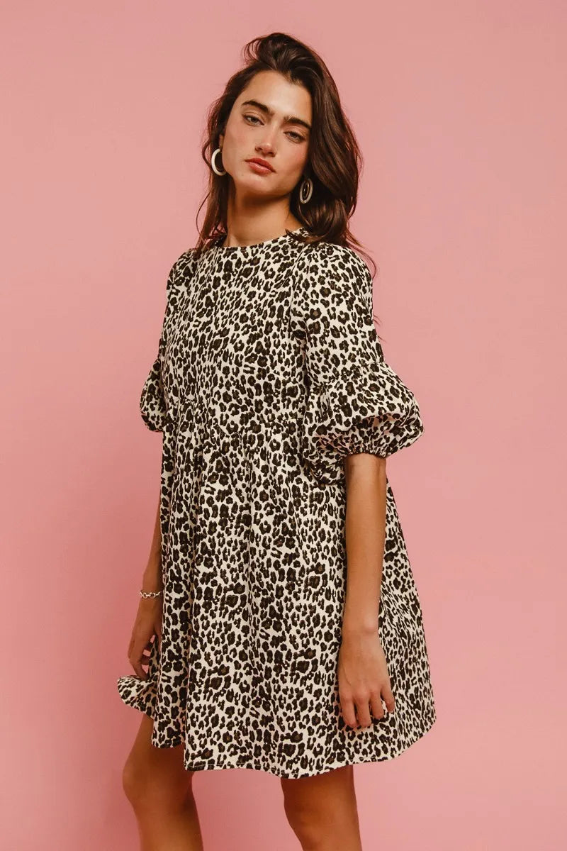Leopard Denim Dress With Back Contrast Tie Detail in Off White Leopard - product view 11