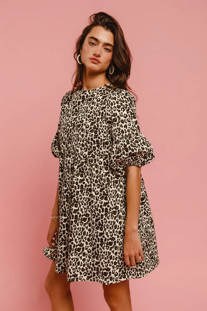 Leopard Denim Dress With Back Contrast Tie Detail in Off White Leopard - product view 11
