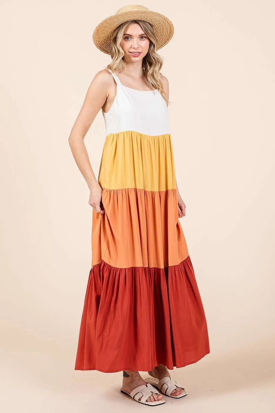 Color Block Tiered Pull-On Maxi Dress - Apricot Multi - product view 1