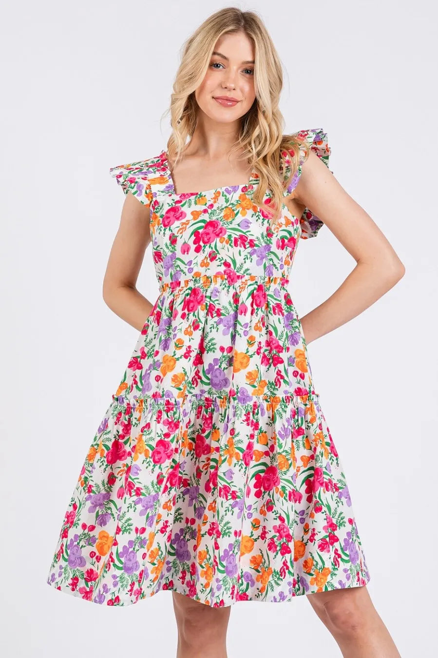 Flower Print Ruffle Shoulder A-line Mini Dress in Ivory Multi - product view 2
