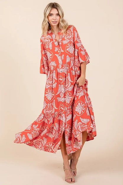 Abstract Leaf Print Tiered Ruffle Dress in Orange-Red - product view 3