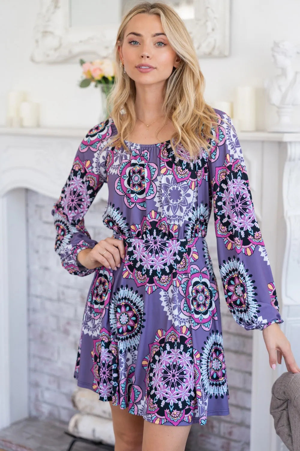 Printed Long Sleeve Mini Dress with Short Liner in Purple - product view 2