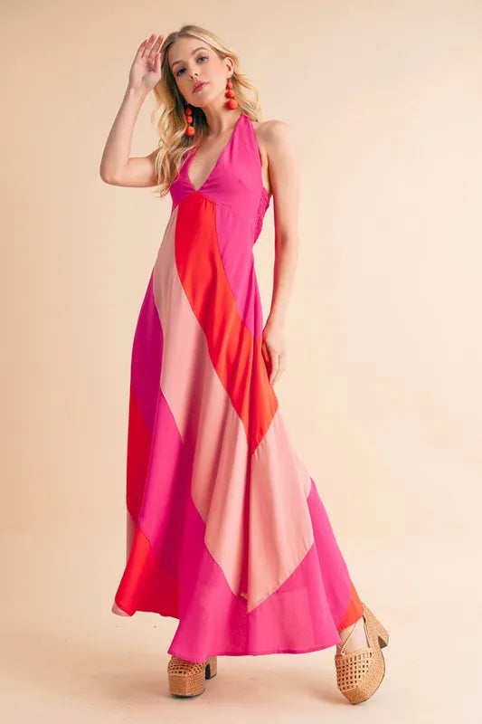 Color Block Sleeveless Maxi Dress in Pink Combo - product view 1