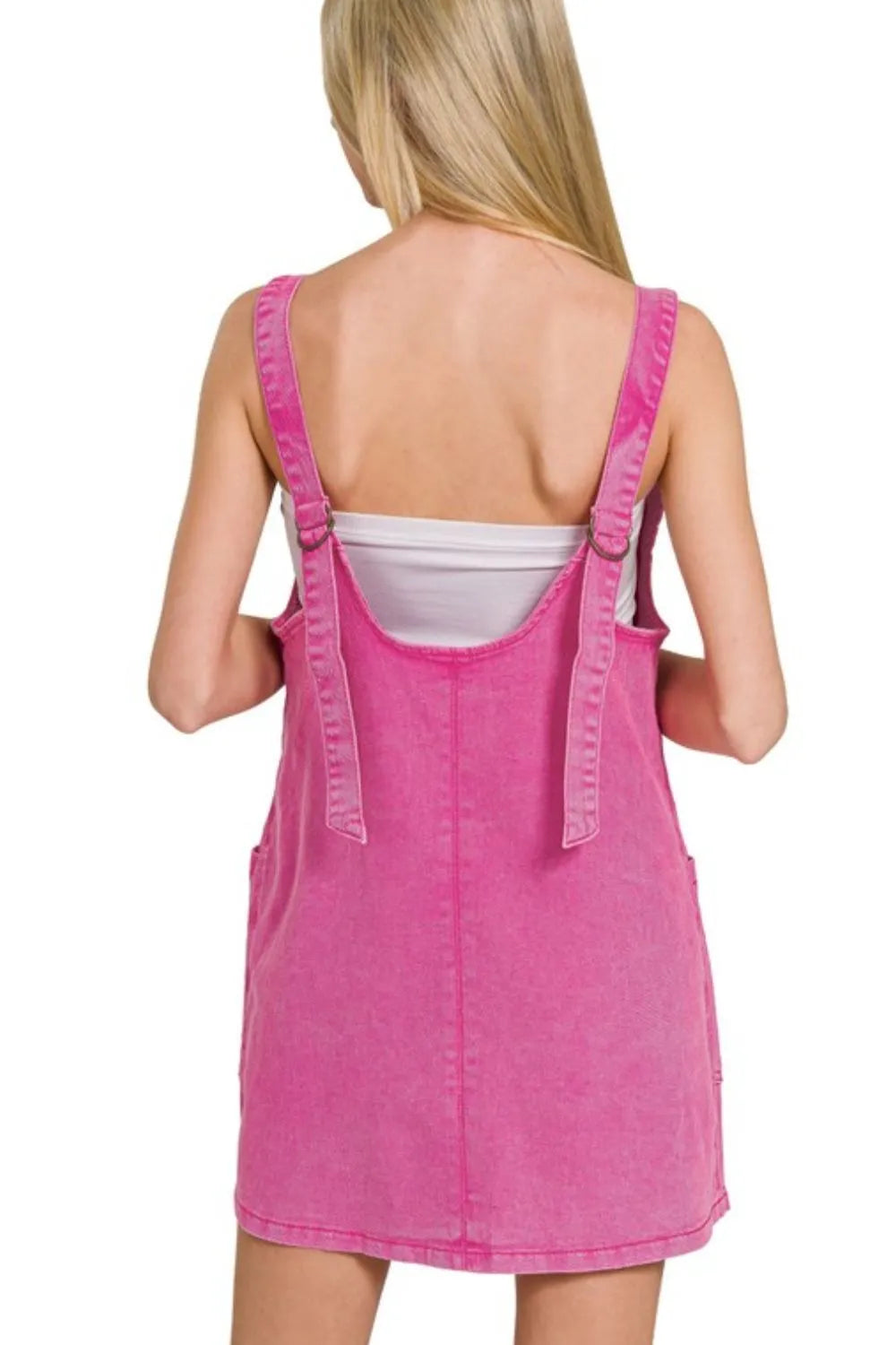 Washed Adjustable Strap Denim Overall Dress - Hot Pink - product view 3