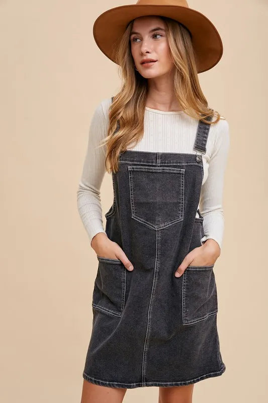 Wide Strap Denim Overall Dress with Pockets - Black - product view 4