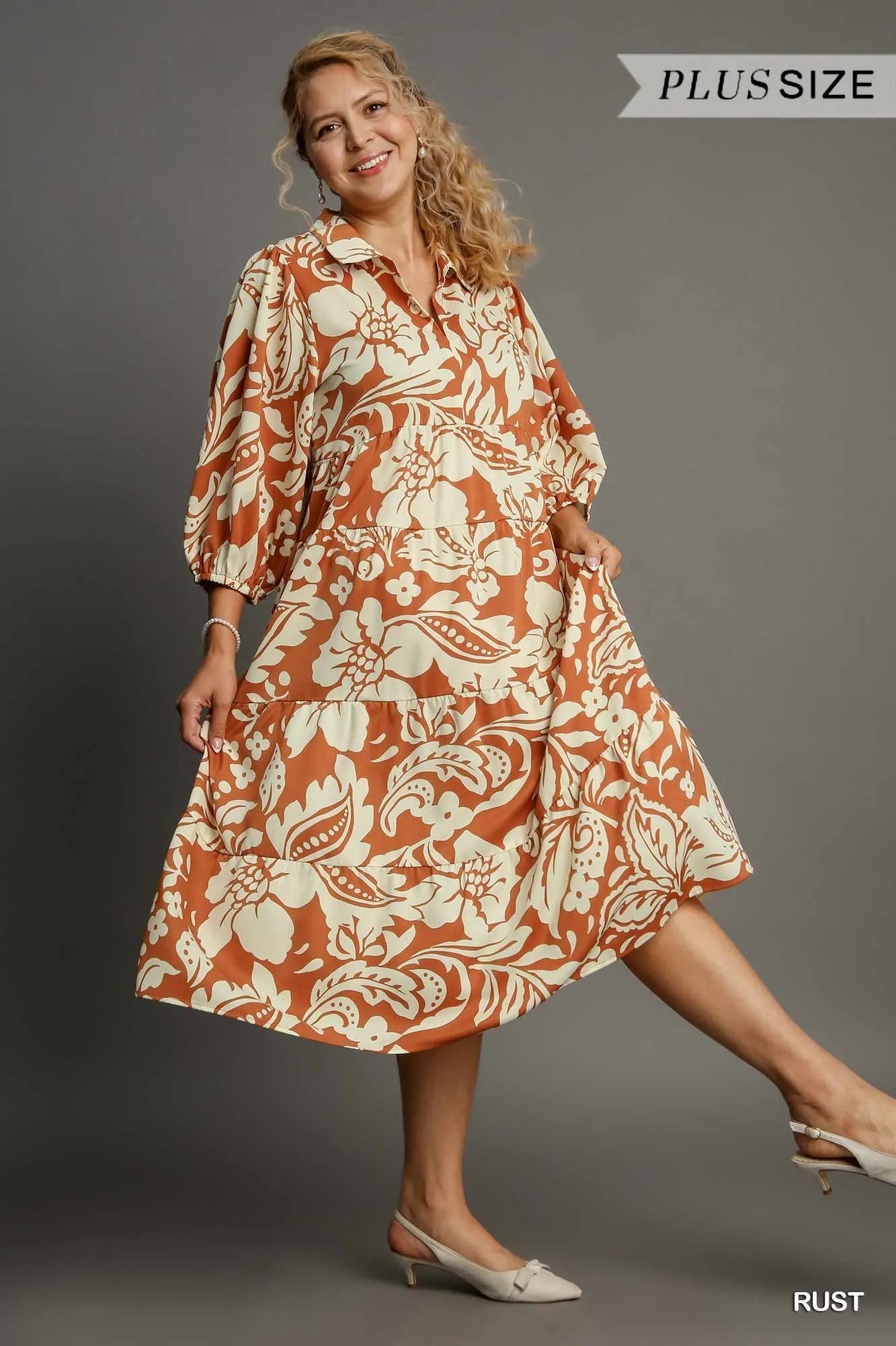 Full Size Floral Tiered Midi Shirt Dress Plus Size in Rust - product view 5