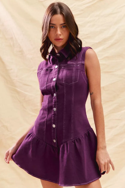 Button Down Sleeveless Collared Game Day Mini Dress - Purple - product view 4