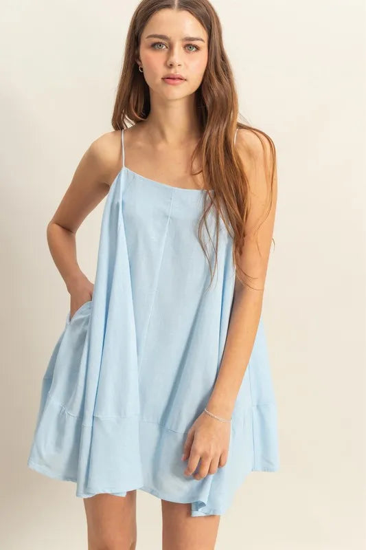 A-Line Flowy Mini Cami Dress with Pockets in L.Blue - product view 1