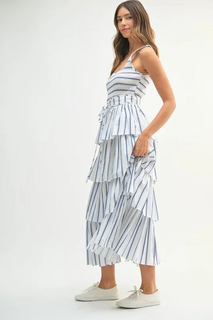 Pin Stripe Smocked Bodice Layered Midi Dress in Off White - product view 2
