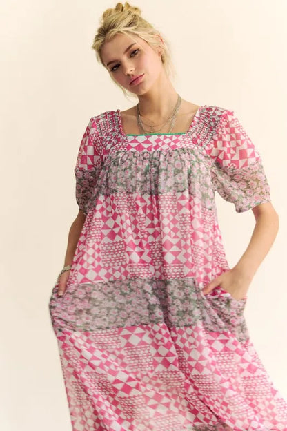 Multi Floral Square Neck Puff Sleeve Maxi Dress in Indian Pink - product view 4