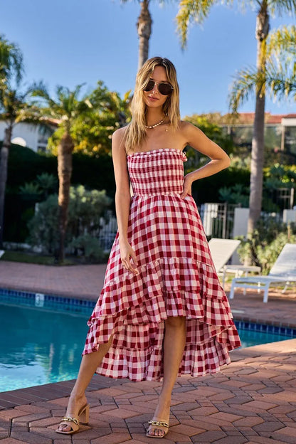 Smocked Body Off Shoulder Check Dress - Red/Ivory - product view 9
