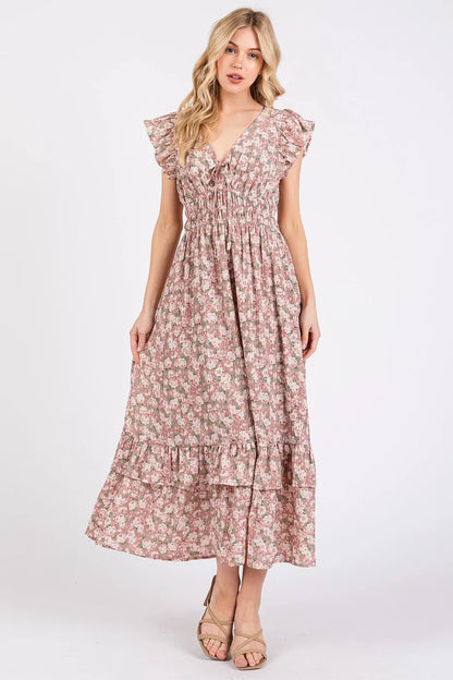 Flower Print Ruffle Cap Sleeve V-neck Midi Dress - Mauve - product view 8