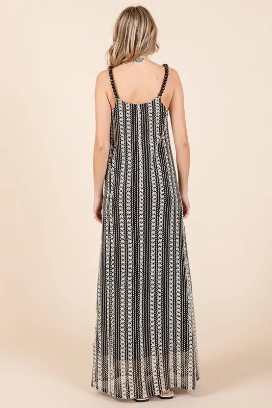 Plus Size Striped Scoop Neck Beaded Strap Maxi Cami Dress in Black - product view 5