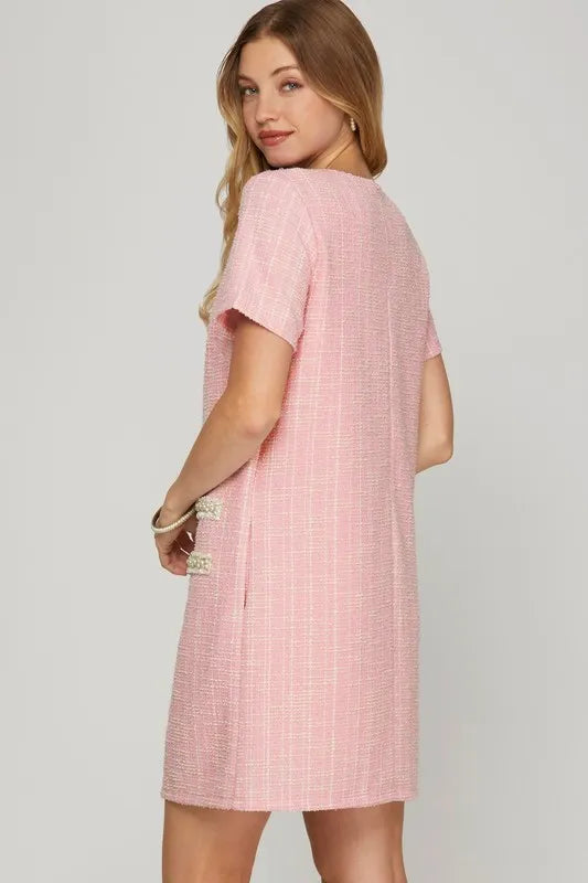 Full Size Short Sleeve Pearl Studded Trim Knit Tweed Dress Plus Size - Blush Pink - product view 2