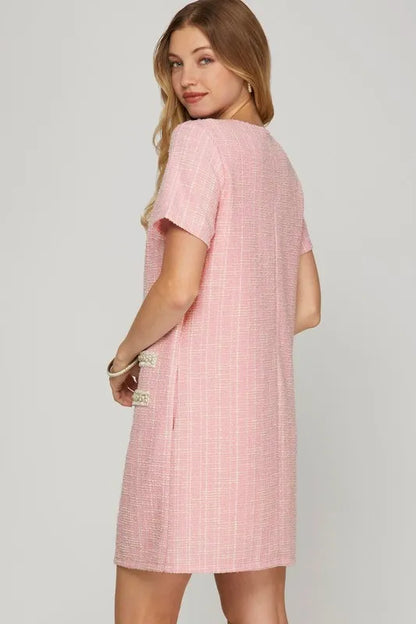 Full Size Short Sleeve Pearl Studded Trim Knit Tweed Dress Plus Size - Blush Pink - product view 2
