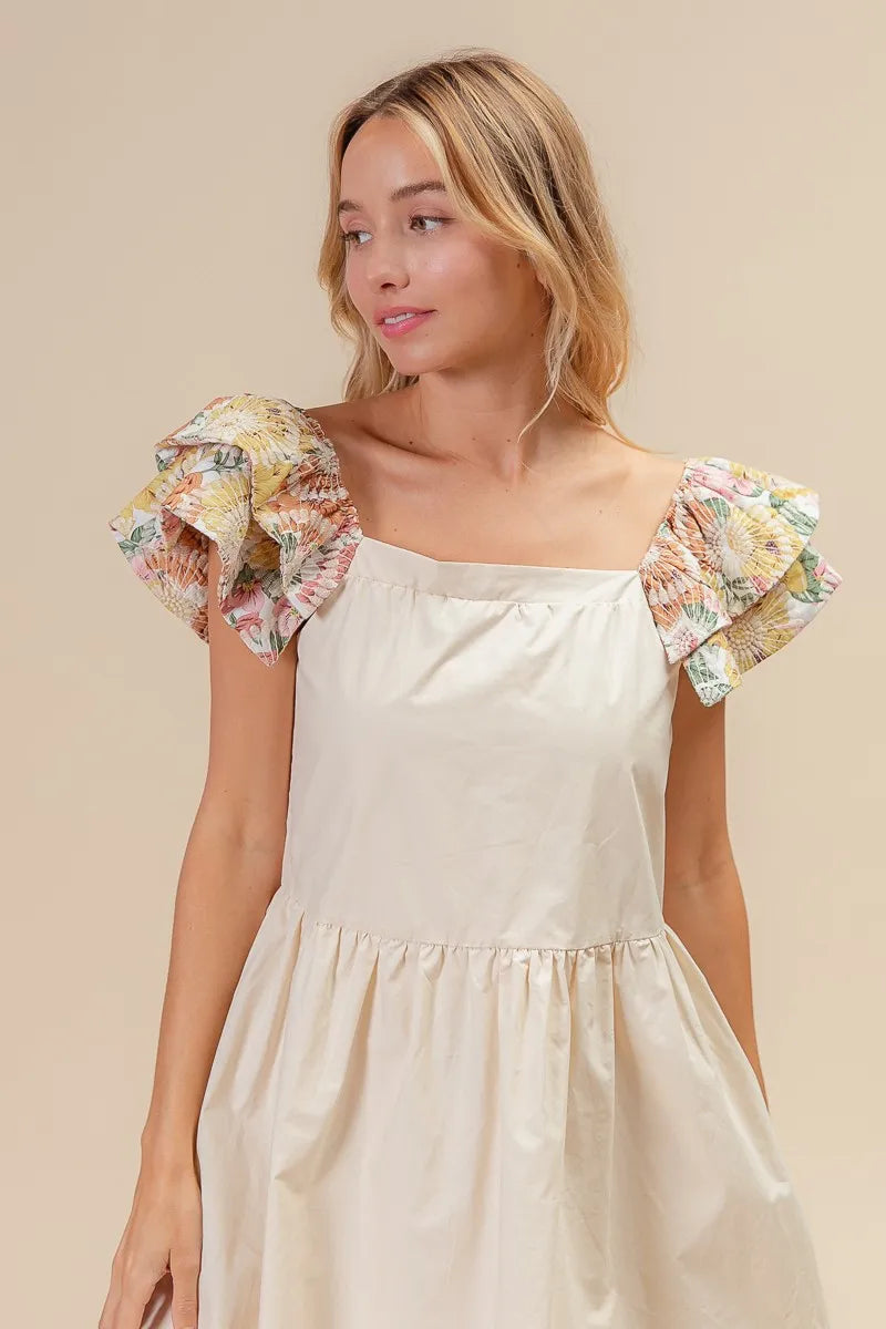 Flower Embroidered Floral Print Sleeve Dress in Oatmeal - product view 2
