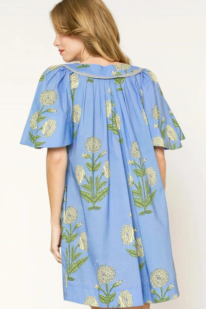 Tropical Print Bell Sleeve Mini Dress in Light Blue - product view 3