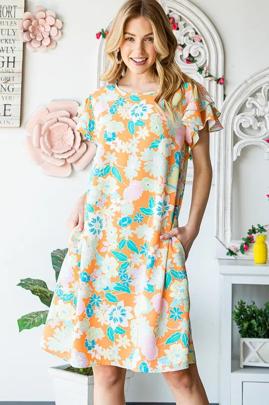 Full Size Ruffled Short Sleeve Floral Mini Dress Plus Size in Orange - product view 7