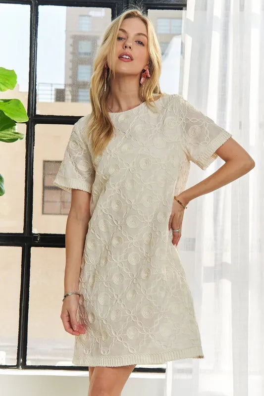 Applique Round Neck Short Sleeve Shift Dress in Beige - product view 8
